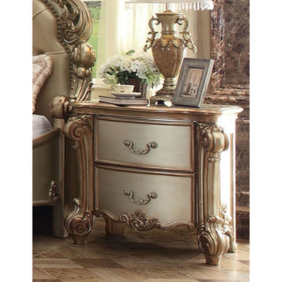 Wooden Nightstand with Two Drawers, Gold And Bone White