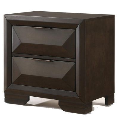 Wooden Nightstand with Dramatic Bevel Drawer Fronts, Espresso Brown