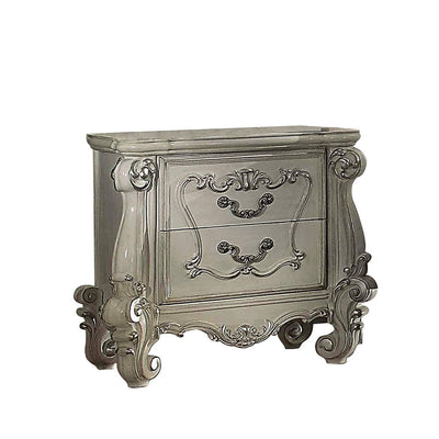 Two Drawers Wooden Nightstand with Carved Details, Bone White