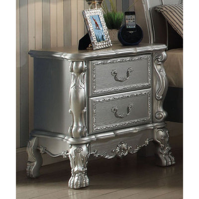 Wooden Two Drawer Nightstand With Motif Engraved Feet, Silver