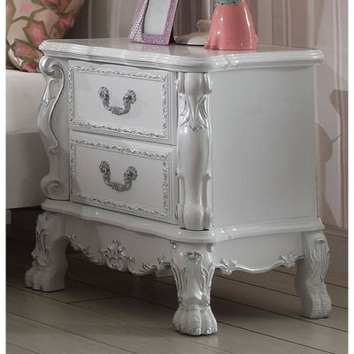 Wooden Two Drawer Nightstand With Motif Engraved Feet, Antique White