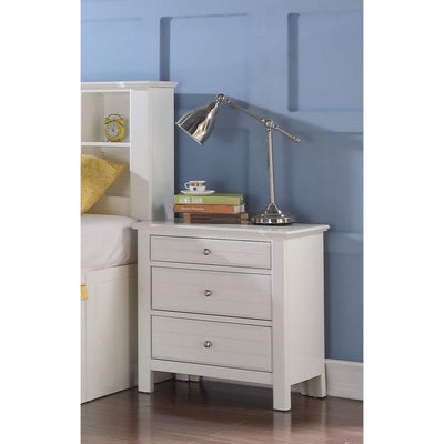 Three Drawer Nightstand With Silver Metal Pull Out Knobs, White