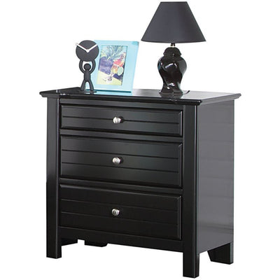 Three Drawer Nightstand With Silver Metal Pull Out Knobs, Black