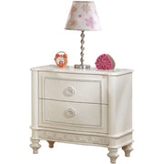 Wooden Two Drawer Nightstand With Floral Carved Trim Accent And Bun Feet, Ivory