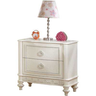 Wooden Two Drawer Nightstand With Floral Carved Trim Accent And Bun Feet, Ivory