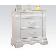 Three Drawer Nightstand With One Hidden Top Drawer And Scalloped Feet, White