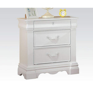 Three Drawer Nightstand With One Hidden Top Drawer And Scalloped Feet, White