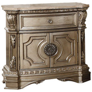 Marble Top Nightstand With One Drawer And Two Door Shelf, Antique Champagne