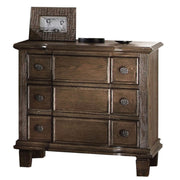 Three Drawer Nightstand With Round Knobs Side Metal Glide In Weathered Oak Finish