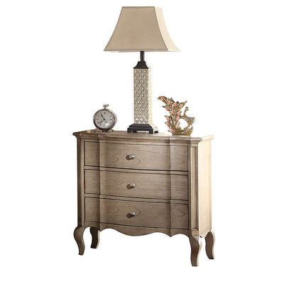 Three Drawer Nightstand With Scalloped Bottom Edge & Cabriole Leg, Antique Taupe
