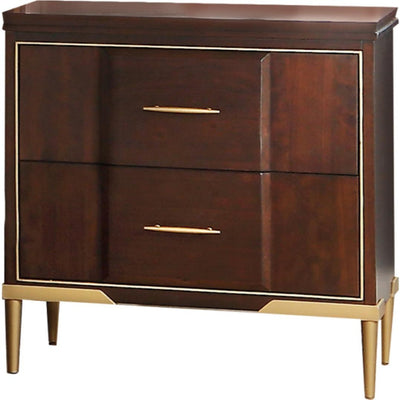Wooden Two Drawer Nightstand With Gold Plated Metal Trim, Cherry