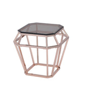 Octagon Shaped Glass End Table With Geometric Metal Base, Copper