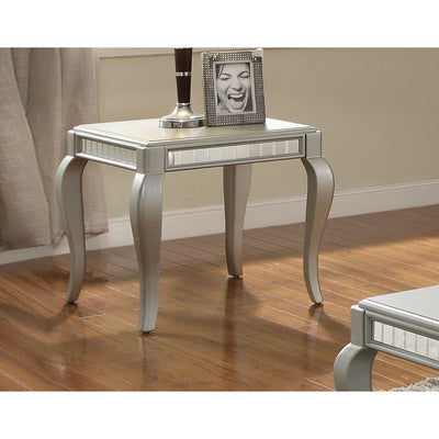 Mirror Trim Square End Table With Wooden Cabriole Legs, Champagne Silver