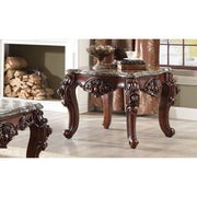 Scalloped Marble Top End Table With Carved Floral Motifs, Walnut Brown