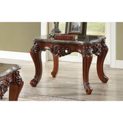 Scalloped Marble Top End Table With Carved Floral Motifs Wood Legs, Cherry Brown