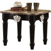 Marble Top End Table With Contrast Carved Motif Turned Wood Legs, Black