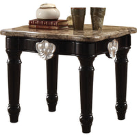 Marble Top End Table With Contrast Carved Motif Turned Wood Legs, Black