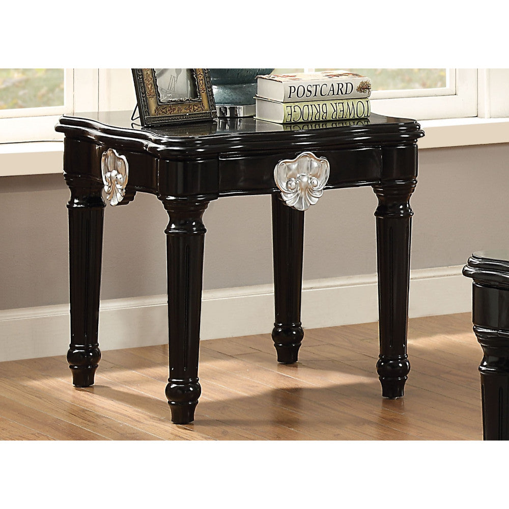 Wooden End Table With Contrast Carved Motif Turned Legs, Black