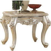 Marble Top End Table With Flower Motif Engraved Angular Wood Feet, Silver