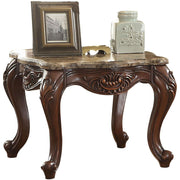 Marble Top End Table With Motif Engraved Angular Wood Feet, Brown