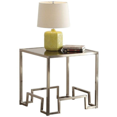 Square Glass End Table With Geometric Metal Base, Champagne