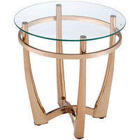 Glass Round End Table With Metal Base, Champagne And Clear Glass