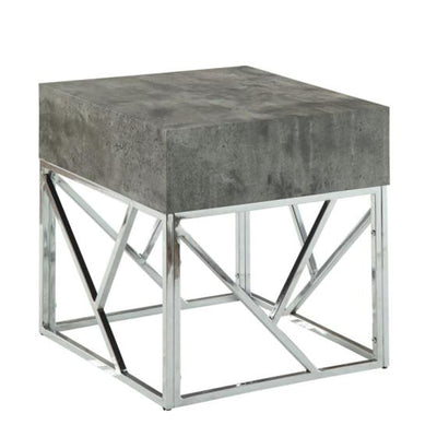 Faux Marble Square End Table With Metal Geometric Open Base, Gray and Silver
