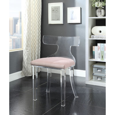 Velvet Upholstered Acrylic Accent Chair with Mid Backrest, Light Pink and Clear