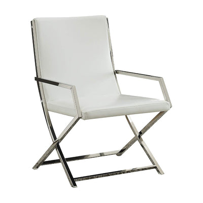 Polyurethane Upholstered Metal Accent Chair with High Backrest, White and Silver