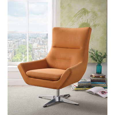 Faux Leather Upholstered Accent Chair with Swivel Seat and Metal Base, Orange
