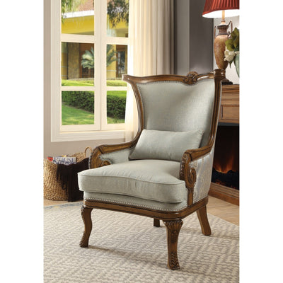Traditional Fabric Upholstered Wooden Accent Chair with Pillow, Blue and Brown