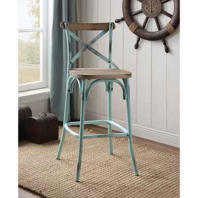 Wood & metal Bar Height Chair with X Style Panel back, Antique Turquoise