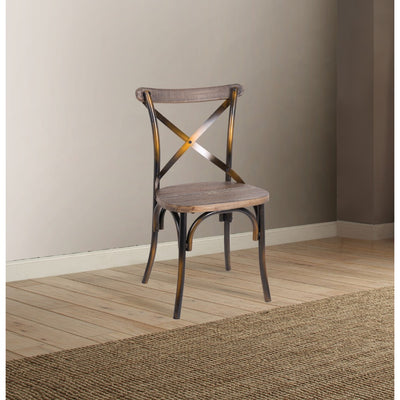 Industrial Style Wood and Metal Armless Side Chair, Brown and Copper