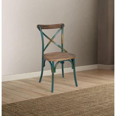 Industrial Style Wooden and Metal Frame Side Chair, Brown and Turquoise