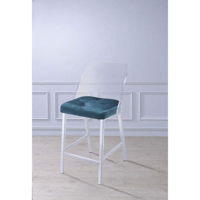 Metal Armless Counter Height Chair With Velvet Seat, Set of 2, Blue and Silver