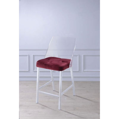 Metal Armless Counter Height Chair With Velvet Seat, Set of 2, Red and Silver