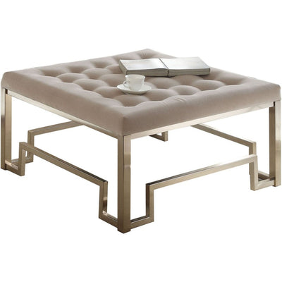 Modern Style Square Shaped Wood and Metal Cocktail Ottoman, Gold and Beige