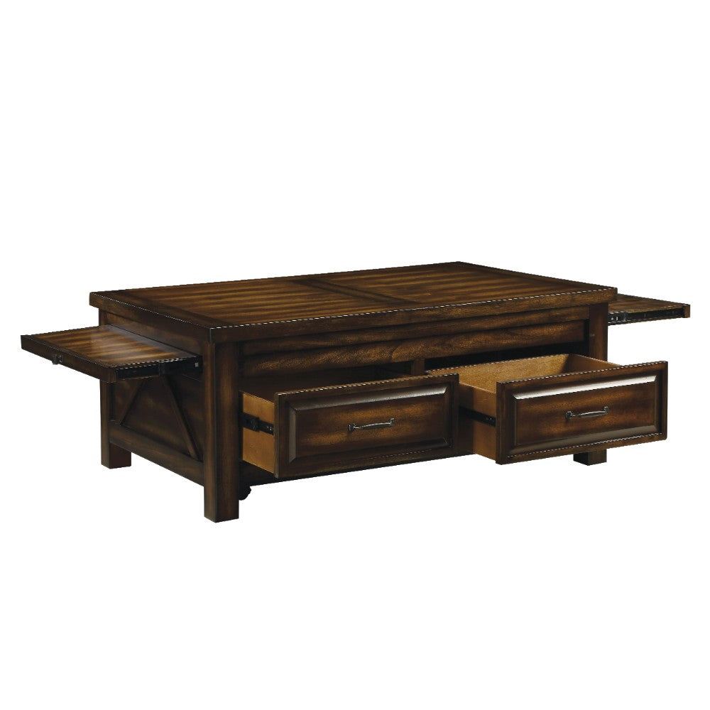 Transitional Style Rectangular Wooden Coffee Table with 2 Drawers, Walnut Brown