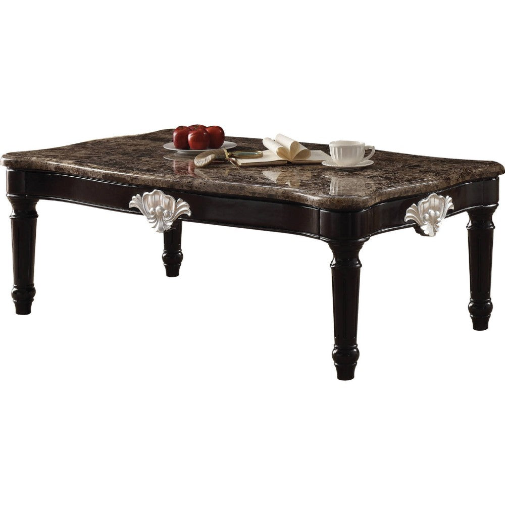 Traditional Style Rectangular Marble and Wood Coffee Table, Brown