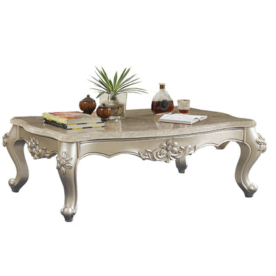 Traditional Style Rectangular Wood and Marble Coffee Table, Silver