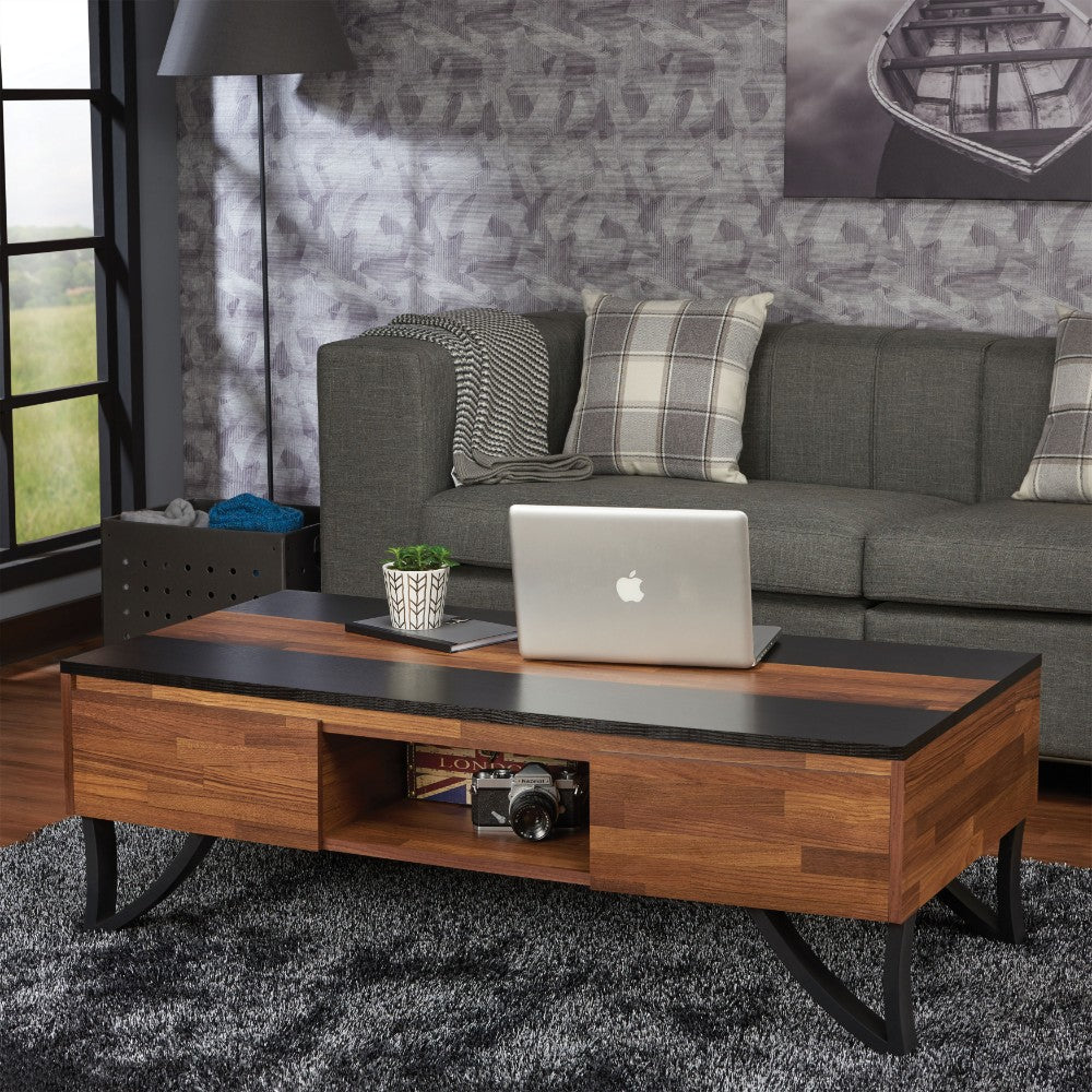 Rectangular Wood and Metal Coffee Table with Two Drawers and Open Shelf, Brown and Black