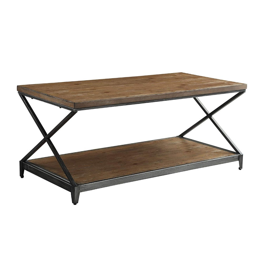 Contemporary Style Rectangular Wood and Metal Coffee Table, Oak Brown and Black