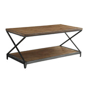 Contemporary Style Rectangular Wood and Metal Coffee Table, Oak Brown and Black