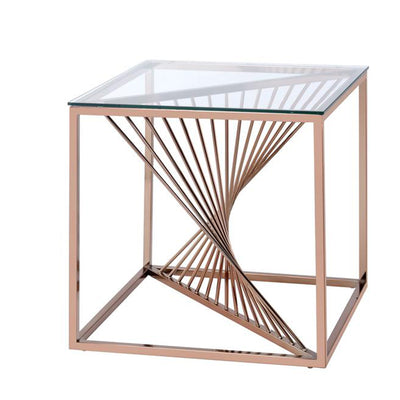 Modern Style Geometric Metal Framed End Table with Square Glass Top, Copper
