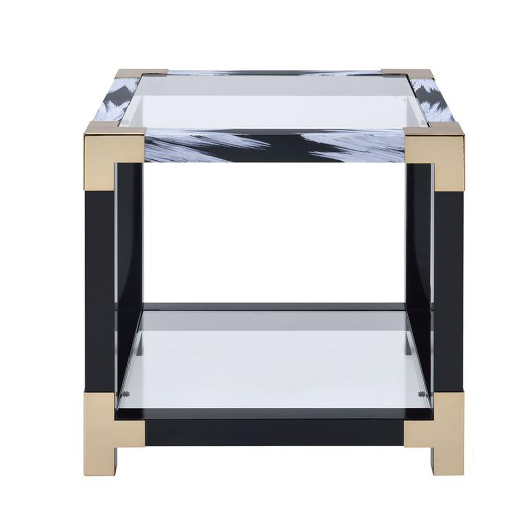Modern Style Square Metal and Glass End Table With Bottom Shelf, Black and Gold
