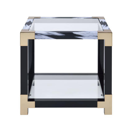 Modern Style Square Metal and Glass End Table With Bottom Shelf, Black and Gold