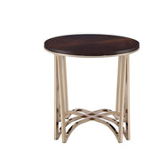 Contemporary Style Round Wood and Metal End Table, Brown and Gold