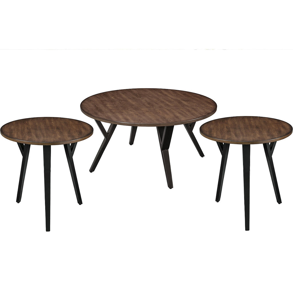 Round Wood and Metal Coffee End Table Set, Brown and Black, Pack of 3