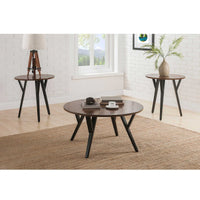 Round Wood and Metal Coffee End Table Set, Brown and Black, Pack of 3