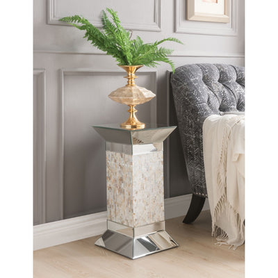 Modern Style Square Pedestal Stand with Beveled Mirrored Top, Silver